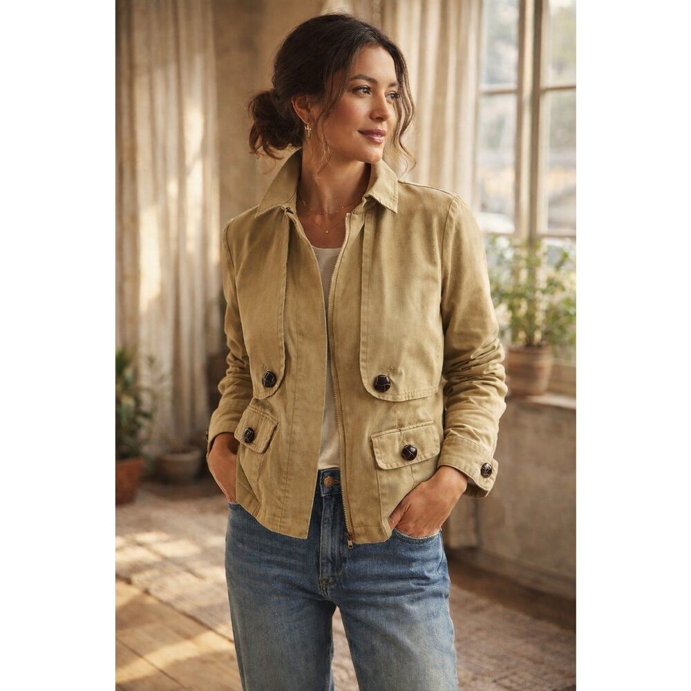 Sitwell Anthropologie Sz 8 Khaki Utility Safari Full Zip Jacket Leather Buttons